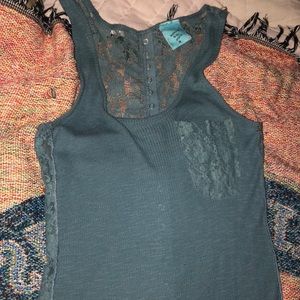 Gray/blue tank top with a lace back with buttons